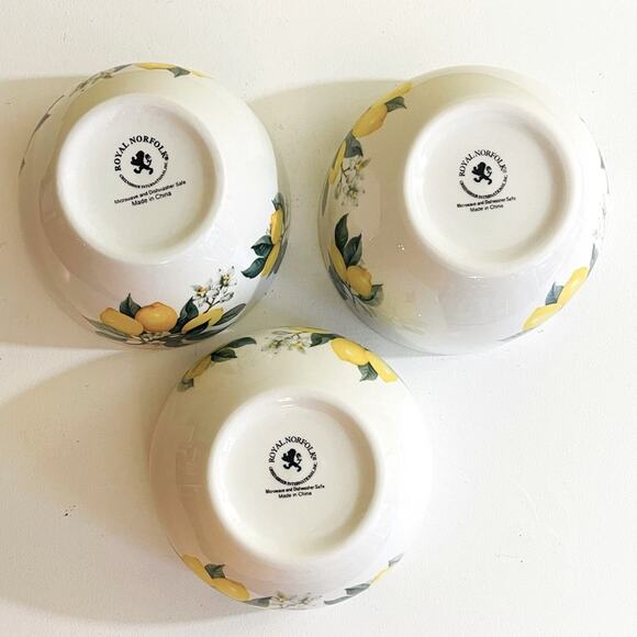 3 Royal Norfolk Lemon Ceramic Bowls Soup Salad Cereal Pasta Bowl Set - Picture 6 of 8